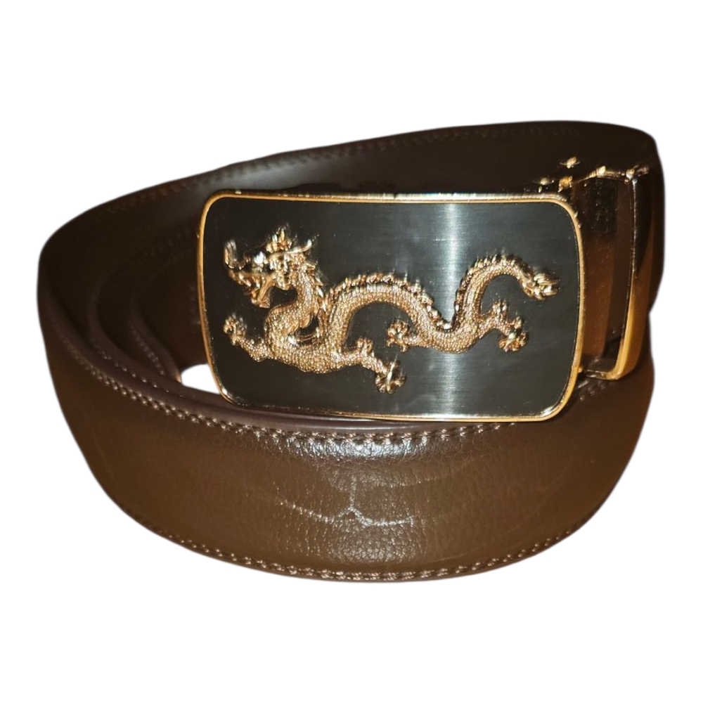 Brown Leather Belt with Gold Dragon Buckle